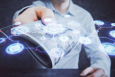 Multi exposure of social network theme drawing hologram and USA dollars bills and man hands.の写真素材