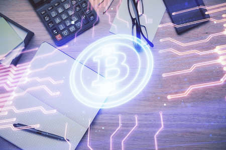 Multi exposure of crypto theme drawing and work table top veiw. Concept of blockchain technology in business.の写真素材