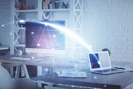 Double exposure of social network theme drawing and office interior background. Concept of web.