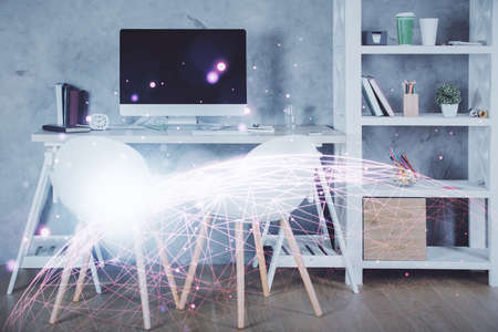 Double exposure of social network theme drawing and office interior background. Concept of web.