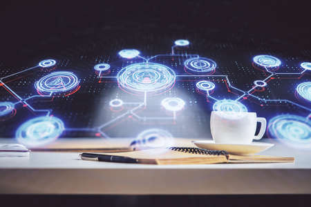 Double exposure of social network drawing and desktop with coffee and items on table background....