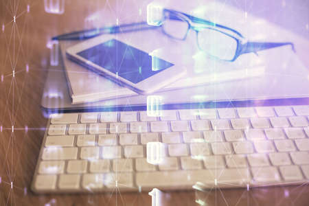 Double exposure of data theme drawing and mobile phone background. Concept of innovationの写真素材