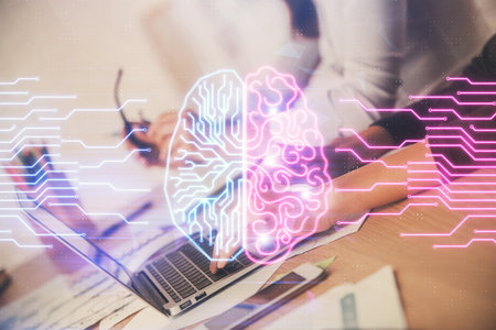 Multi exposure of woman hands working on computer and brain hologram drawing. Ai concept.
