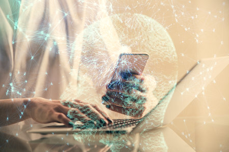 Double exposure of brain sketch hologram and woman holding and using a mobile device.