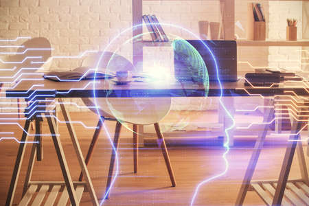 Multi exposure of brain drawing and office interior background. Concept of data technology.