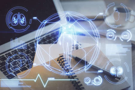 Double exposure of education theme drawing and desktop with coffee and items on table background. Concept of scienceの写真素材