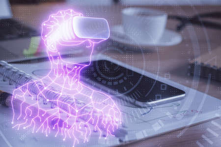 Double exposure of man wearing VR glasses drawing and mobile phone background. Concept of AR,...
