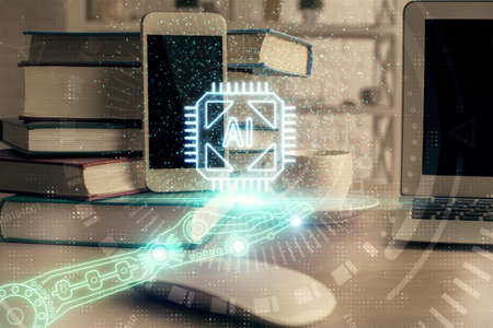 Double exposure of data theme drawing and mobile phone background. Concept of innovation