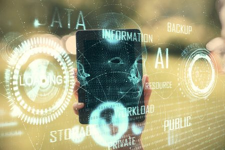 Double exposure of technology sketch hologram and woman holding and using a mobile device. Ai...