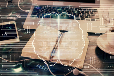 Multi exposure of brain drawings and desk with open notebook background. Concept of AI