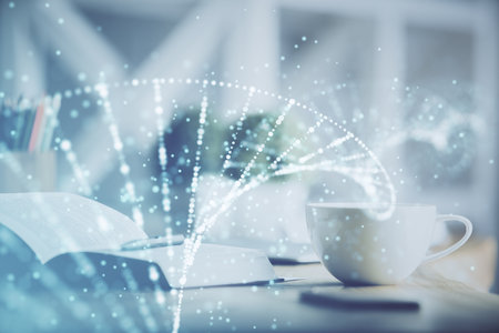 Double exposure of DNA drawing and desktop with coffee and items on table background. Concept of medical science educationの写真素材