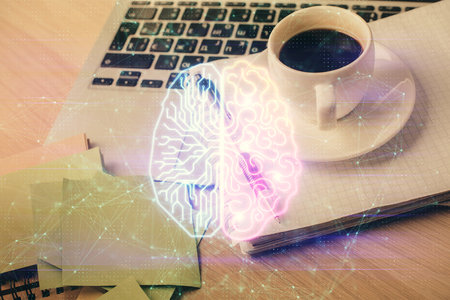 Double exposure of brain drawing and desktop with coffee and items on table background. Concept of research.の写真素材