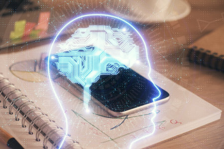 Double exposure of brain theme drawing and cell phone background. Concept of informationの写真素材