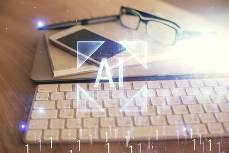 Double exposure of data theme drawing and mobile phone background. Concept of innovationの写真素材