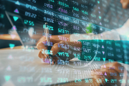 Double exposure of forex chart drawing over people taking notes background. Concept of financial analysisの写真素材