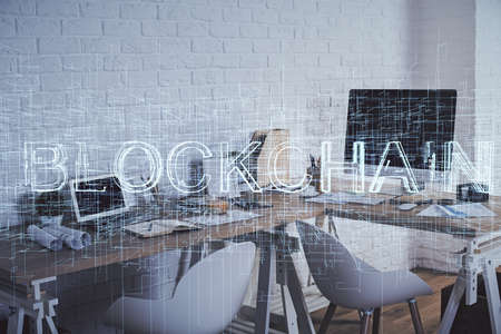 Double exposure of crypto technology theme drawing and office interior background. Concept of...
