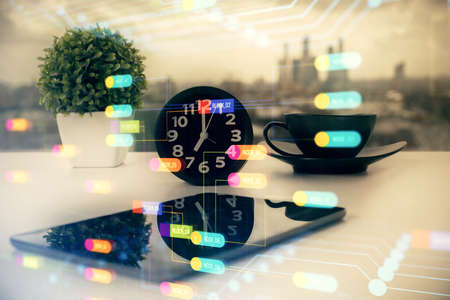 Double exposure of data theme drawing and mobile phone background. Concept of innovationの写真素材