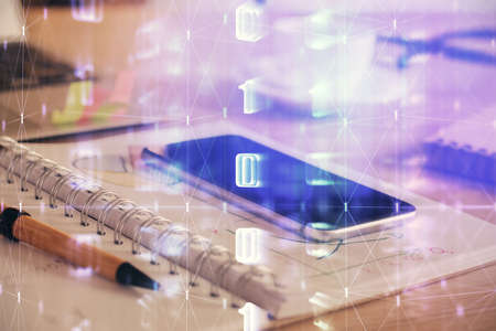Double exposure of data theme drawing and mobile phone background. Concept of innovationの写真素材