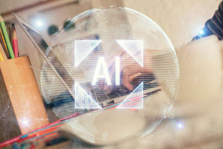 Double exposure of woman hands working on computer and data theme hologram drawing. Tech concept.
