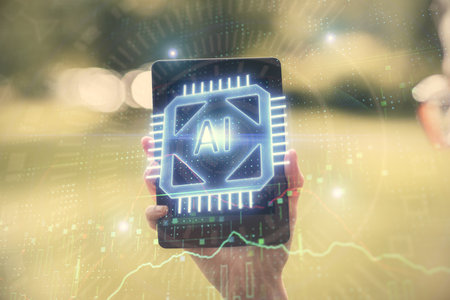 Double exposure of technology sketch hologram and woman holding and using a mobile device. Ai...