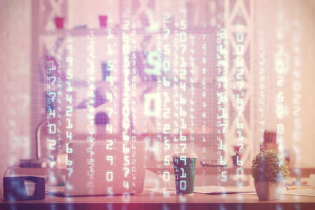 Double exposure of data theme drawing and office interior background. Concept of technology.
