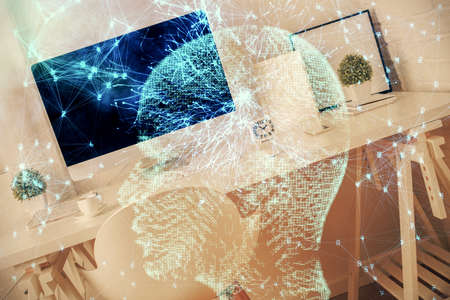 Multi exposure of brain drawing and office interior background. Concept of data technology.の写真素材
