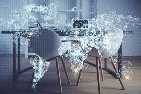 Double exposure of social network theme drawing and office interior background. Concept of web.