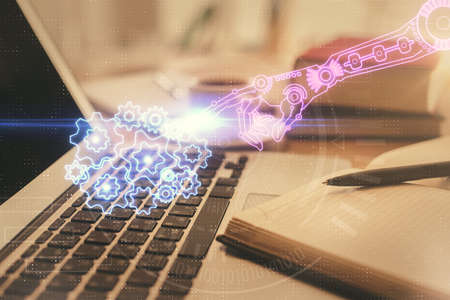 Double exposure of technology theme drawing and desktop with coffee and items on table background....