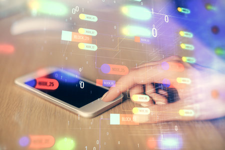 Double exposure of technology sketch hologram and woman holding and using a mobile device. Ai conceptの写真素材