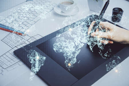 Double exposure of social network sketch hologram and woman holding and using a mobile device.