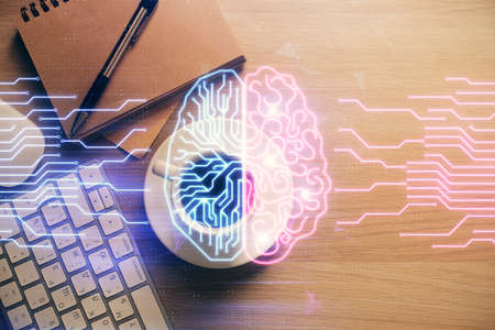 Double exposure of brain sketch and table top veiw. Concept of data analysis.