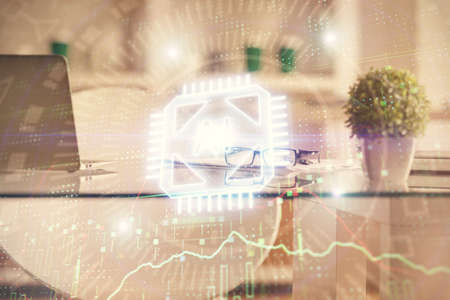Multi exposure of data theme drawing and office interior background. Concept of technology.