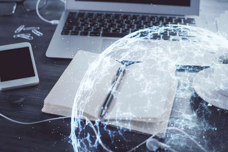 Double exposure of social network theme drawings and desk with open notebook background. Concept of...