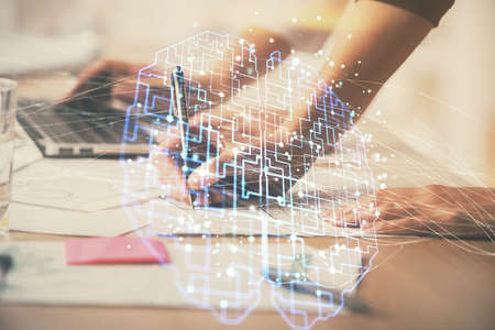 Multi exposure of woman hands working on computer and brain hologram drawing. Ai concept.