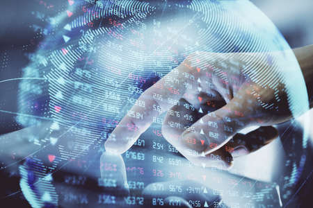 Double exposure of mans hands holding and using a phone and international business theme drawing.