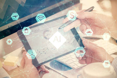 Multi exposure of mans hands holding and using a digital device and data theme drawing. Innovation...
