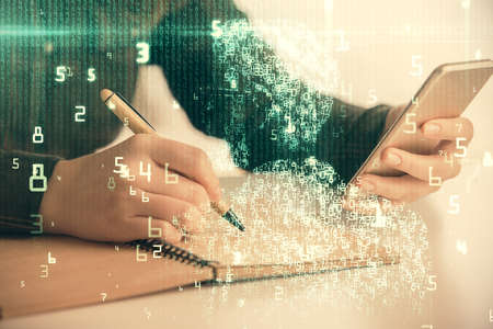 Double exposure of technology sketch hologram and woman holding and using a mobile device.