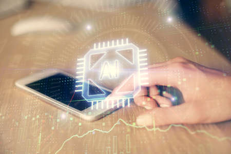 Double exposure of technology sketch hologram and woman holding and using a mobile device. Ai...
