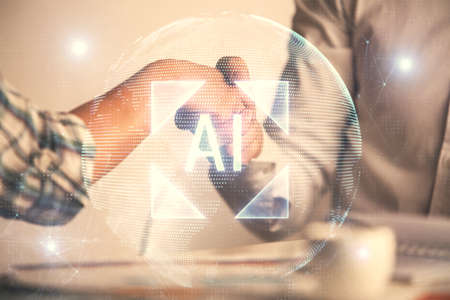 Double exposure of data theme hologram and handshake of two men. Partnership in IT industry concept.