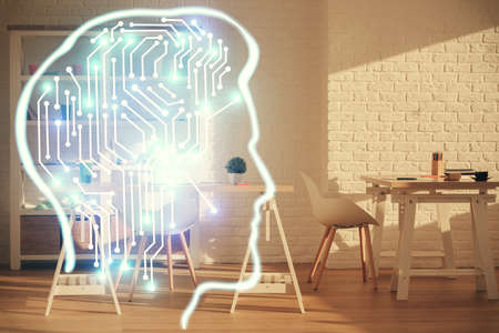Multi exposure of brain drawing and office interior background. Concept of data technology.の写真素材