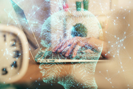 Double exposure of woman hands working on computer and brain hologram drawing. Ai concept.の写真素材