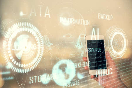 Double exposure of technology sketch hologram and woman holding and using a mobile device.
