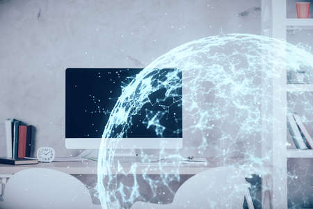 Double exposure of social network theme drawing and office interior background. Concept of web.