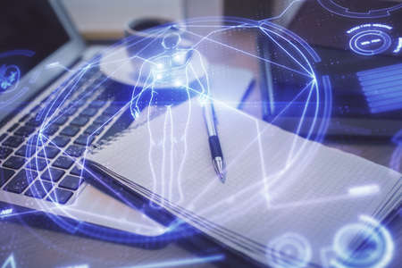 Double exposure of education theme drawing and desktop with coffee and items on table background....