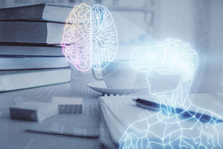 Double exposure of vr glasses drawing and desktop with coffee and items on table background. Concept of Augmented reality.の写真素材