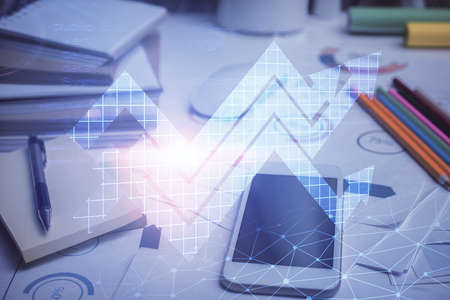 Double exposure of arrows drawing and mobile phone background. Concept of growth