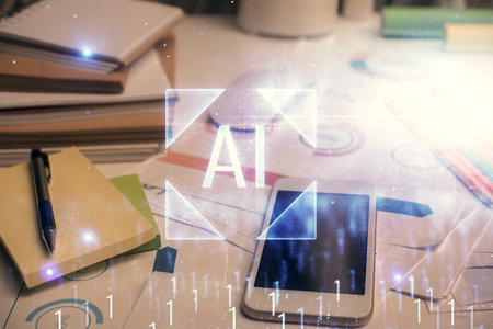 Double exposure of data theme drawing and mobile phone background. Concept of innovationの写真素材