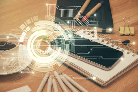 Double exposure of data theme drawing and mobile phone background. Concept of innovation