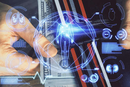 Multi exposure of education theme drawing hologram and USA dollars bills and man hands.