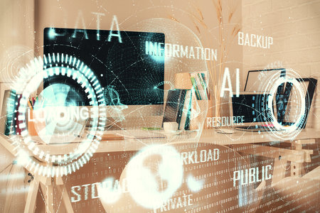 Double exposure of data theme drawing and office interior background. Concept of technology.の写真素材